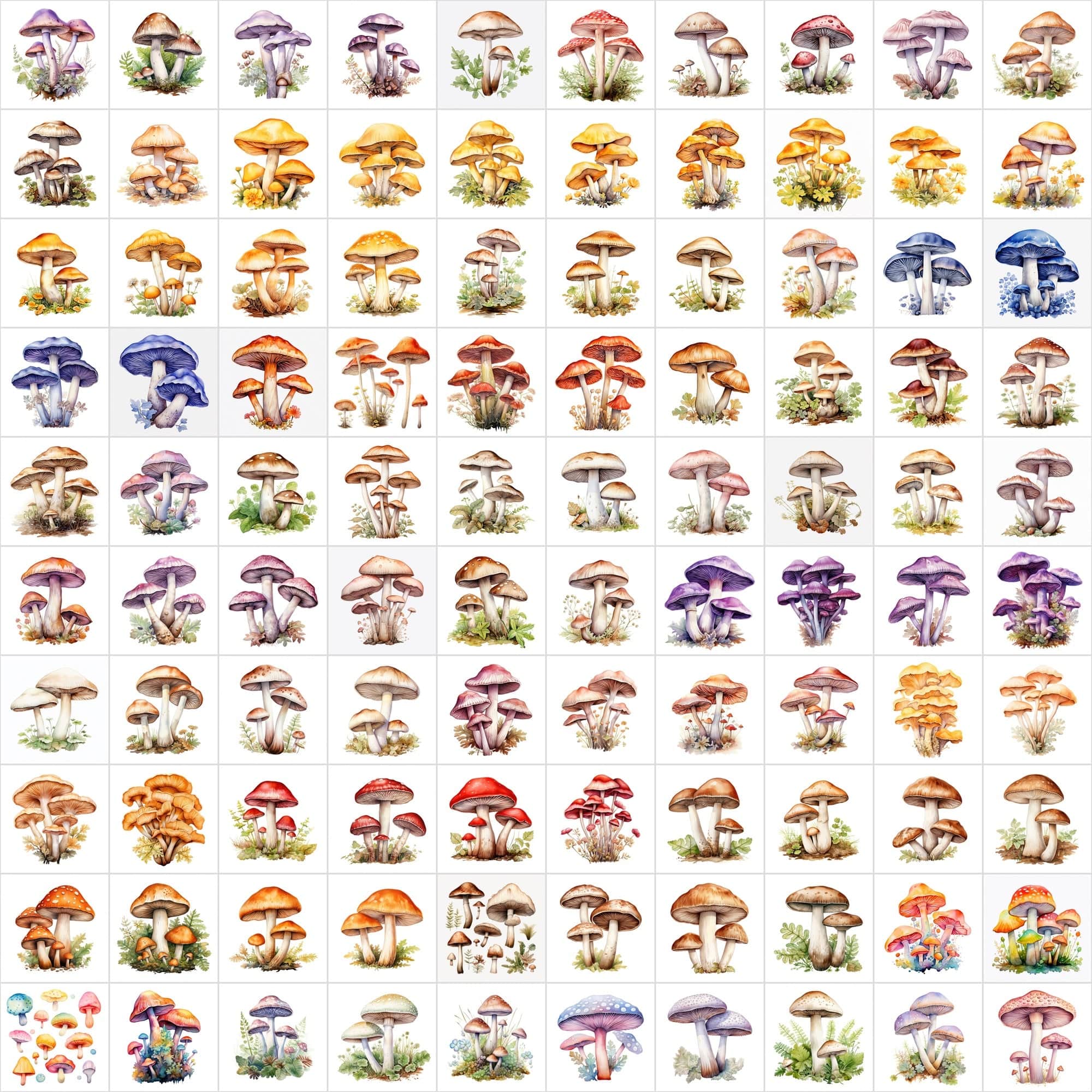 Watercolor Mushroom PNG Collection - 1170 Versatile Images with Commercial License, Transparent & White Backgrounds Digital Download Sumobundle