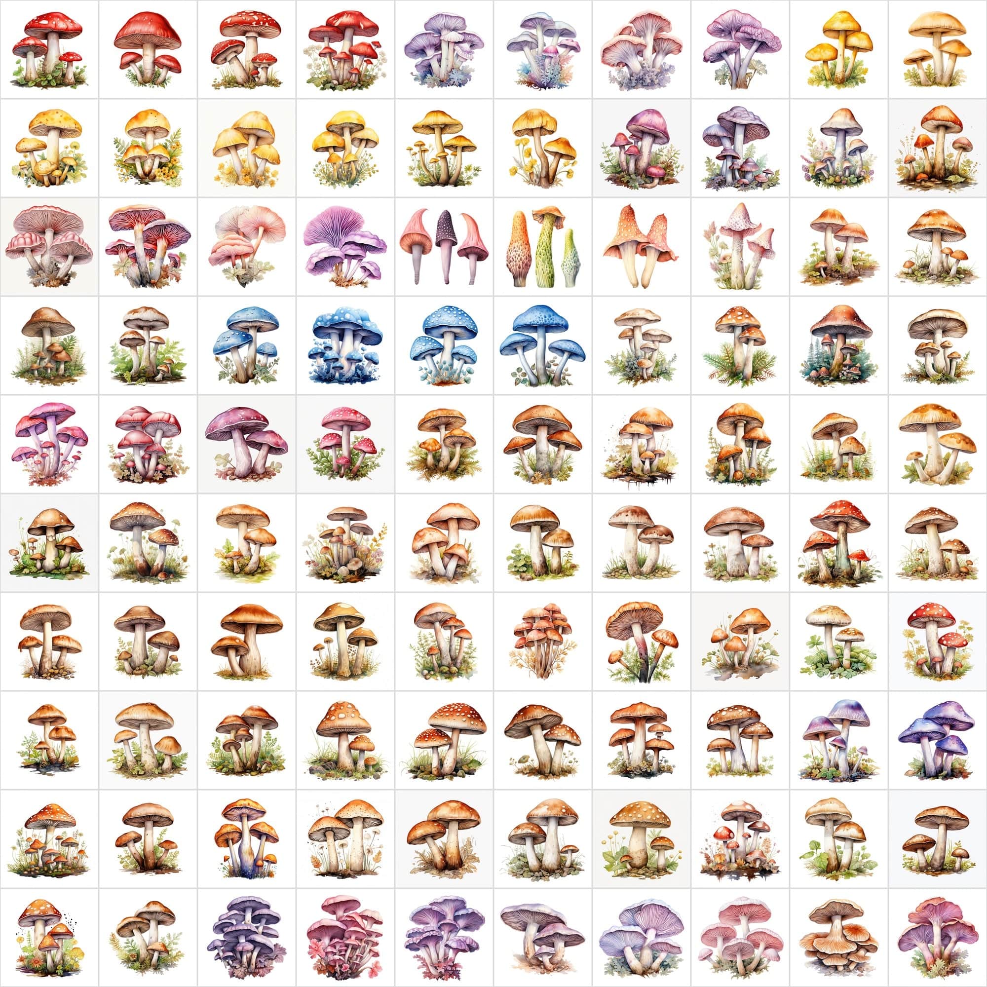 Watercolor Mushroom PNG Collection - 1170 Versatile Images with Commercial License, Transparent & White Backgrounds Digital Download Sumobundle