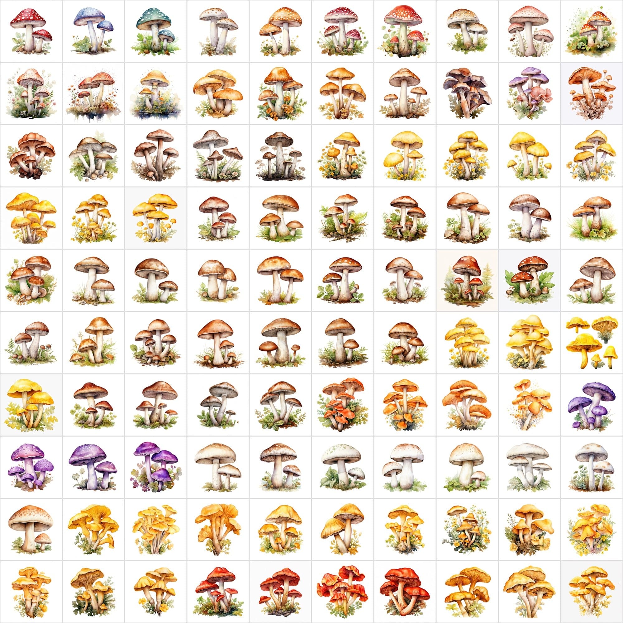 Watercolor Mushroom PNG Collection - 1170 Versatile Images with Commercial License, Transparent & White Backgrounds Digital Download Sumobundle