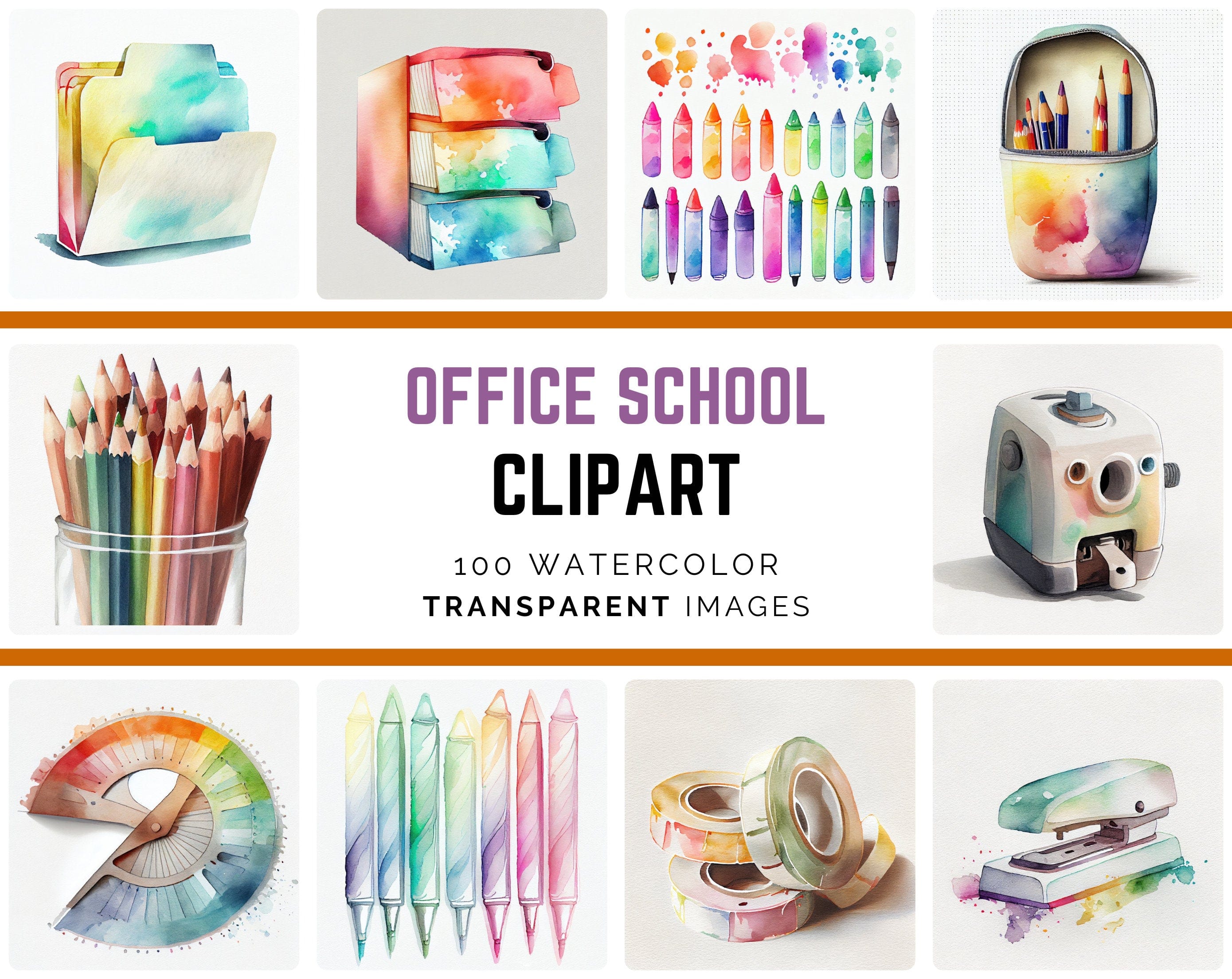 Watercolor Office Supplies Clipart - 100 Transparent PNG Images with Commercial Use Digital Download Sumobundle