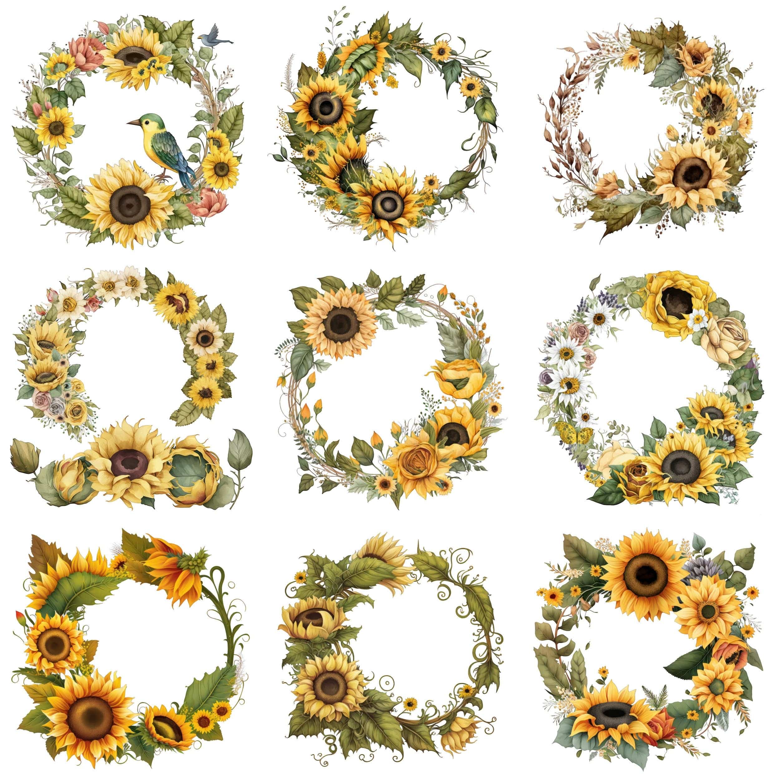 Watercolor Sunflowers and Wreaths Clipart Bundle, DIY Design Elements for Rustic and Botanical Projects, Transparent PNG bundle, Commercial Digital Download Sumobundle