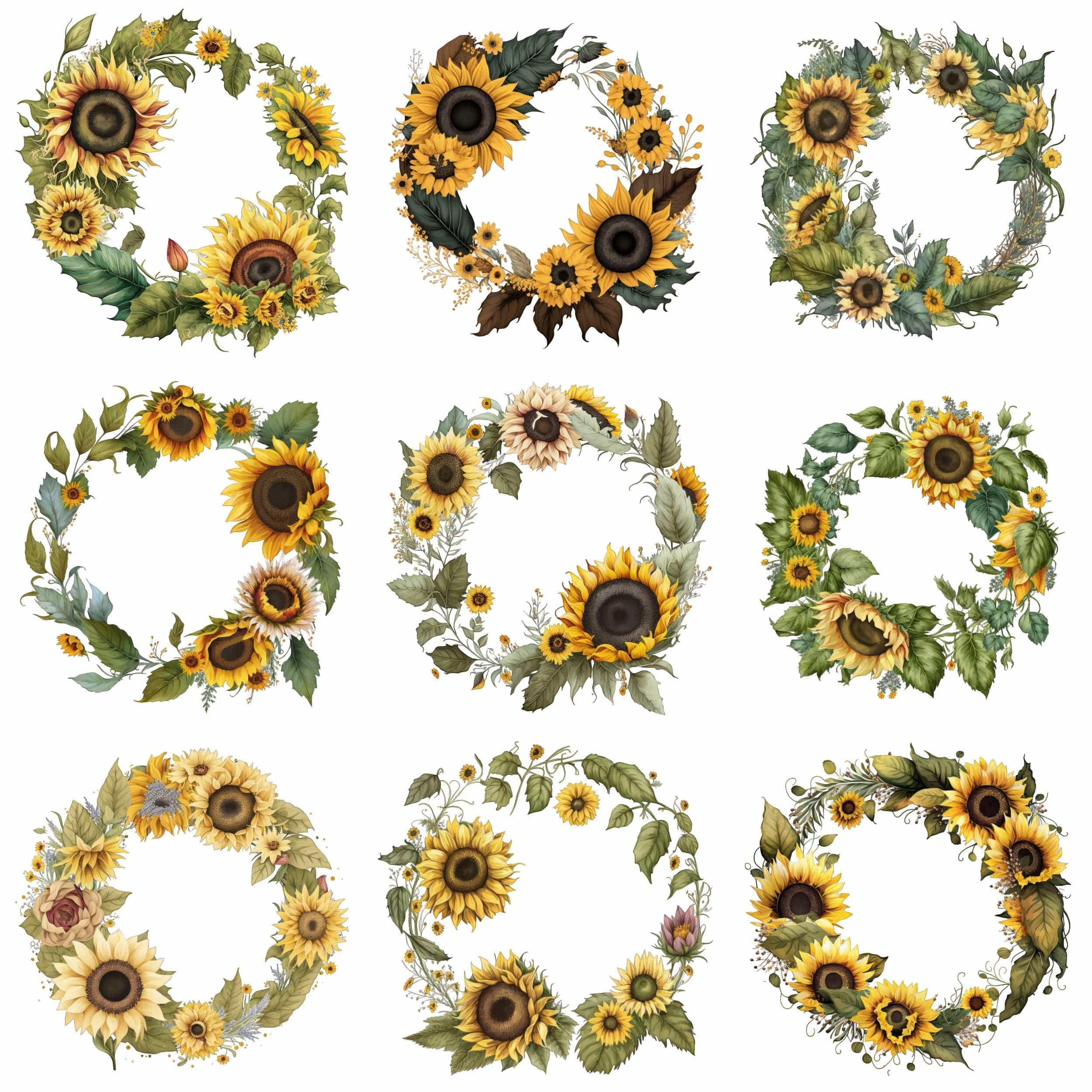 Watercolor Sunflowers and Wreaths Clipart Bundle, DIY Design Elements for Rustic and Botanical Projects, Transparent PNG bundle, Commercial Digital Download Sumobundle