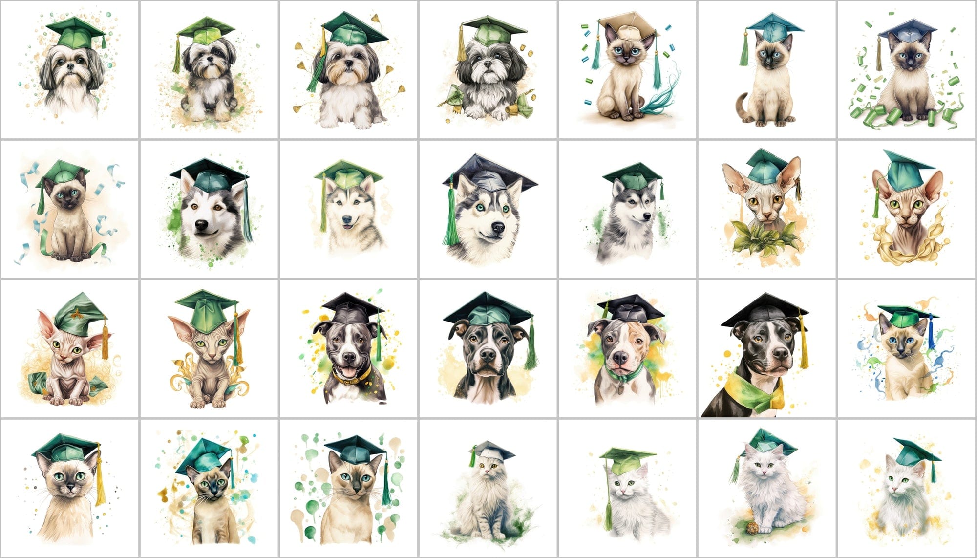 Watercolour Graduation Dogs and Cats Illustrations Digital Download Sumobundle
