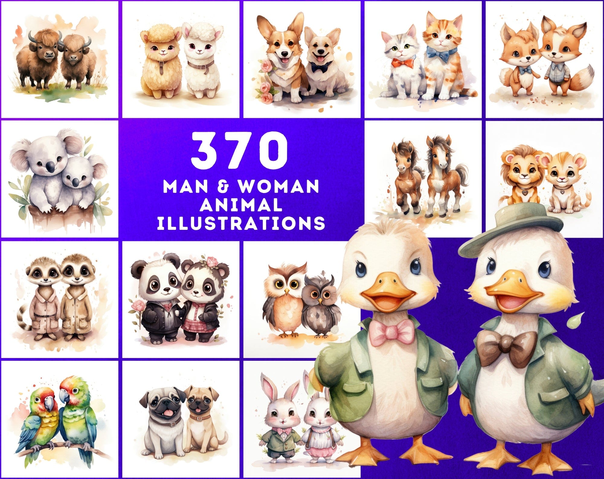 Whimsical Animal Pairs: 370+ Man & Woman Animal Art Collection Digital Download Sumobundle