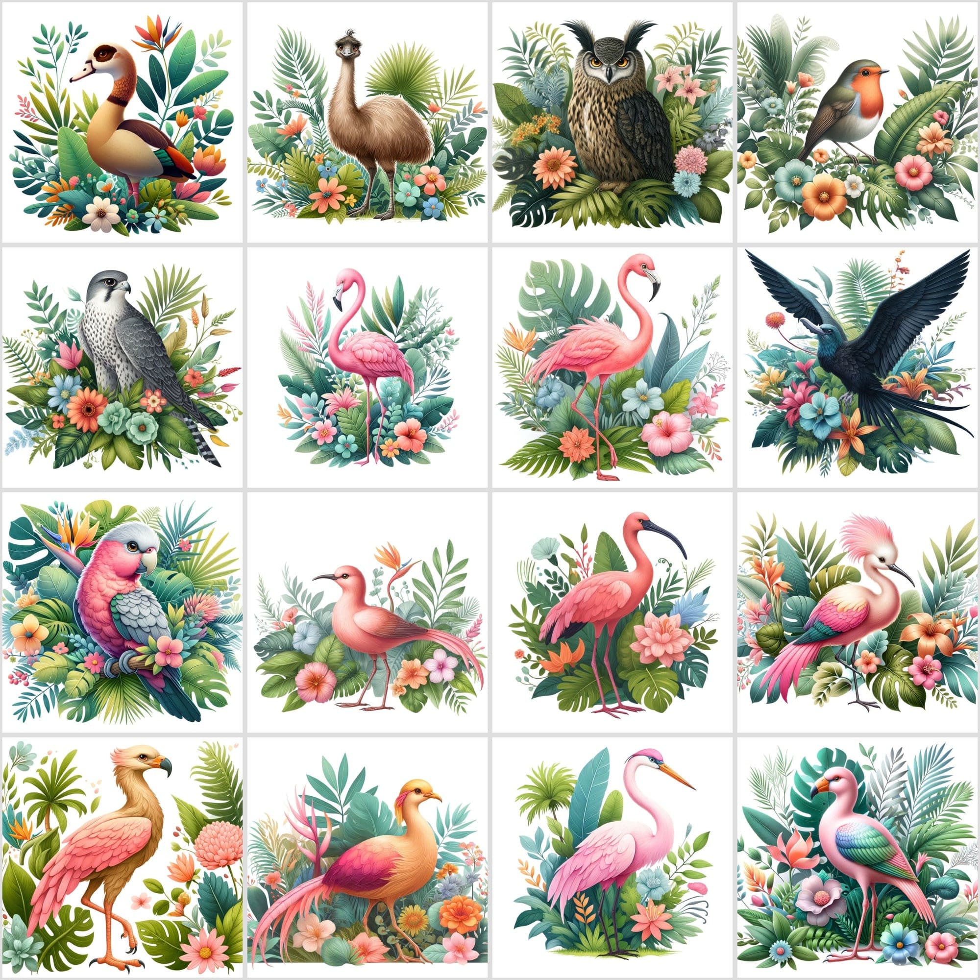 Whimsical Birds in Paradise: 130 Digital Illustrations of Tropical Elegance Digital Download Sumobundle
