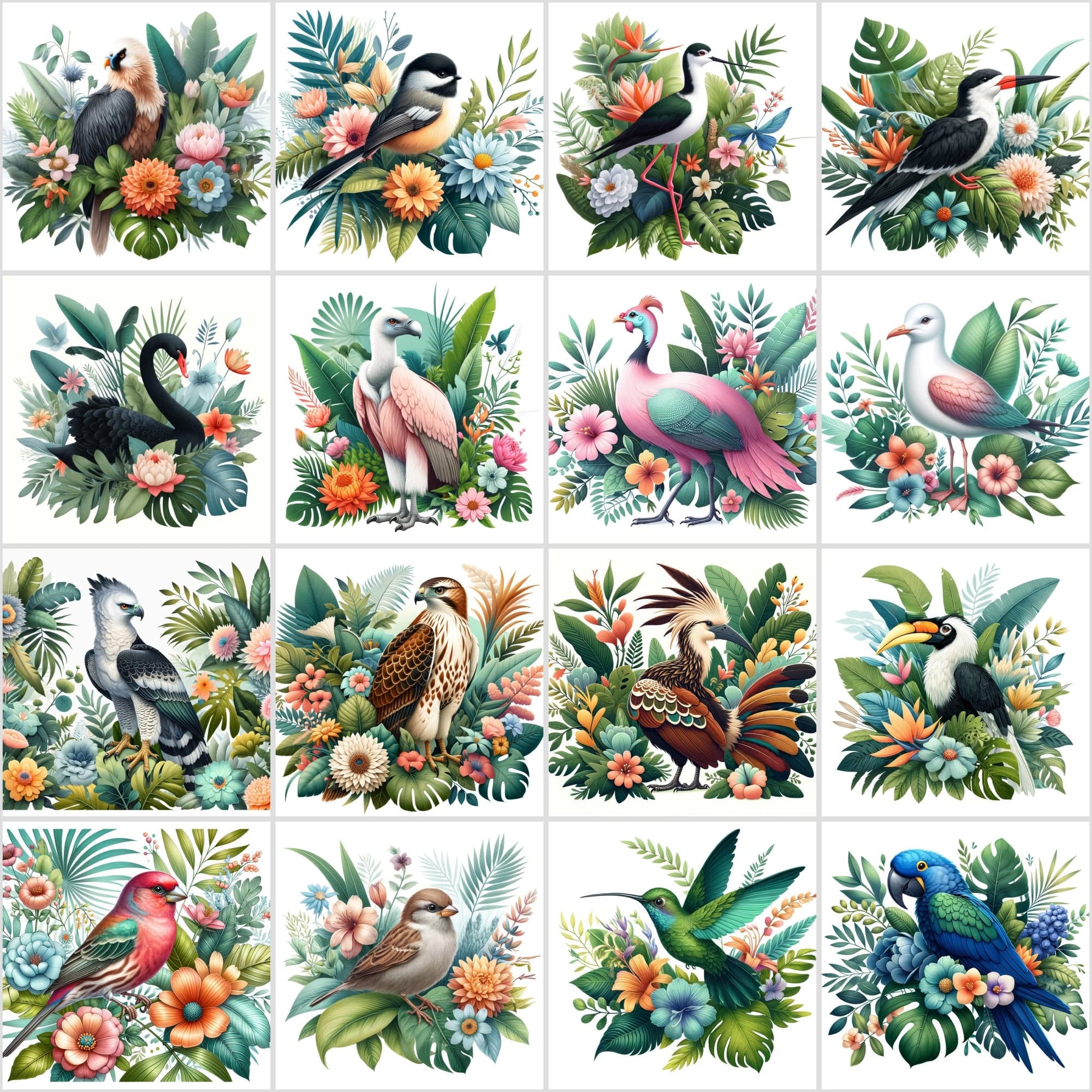 Whimsical Birds in Paradise: 130 Digital Illustrations of Tropical Elegance Digital Download Sumobundle