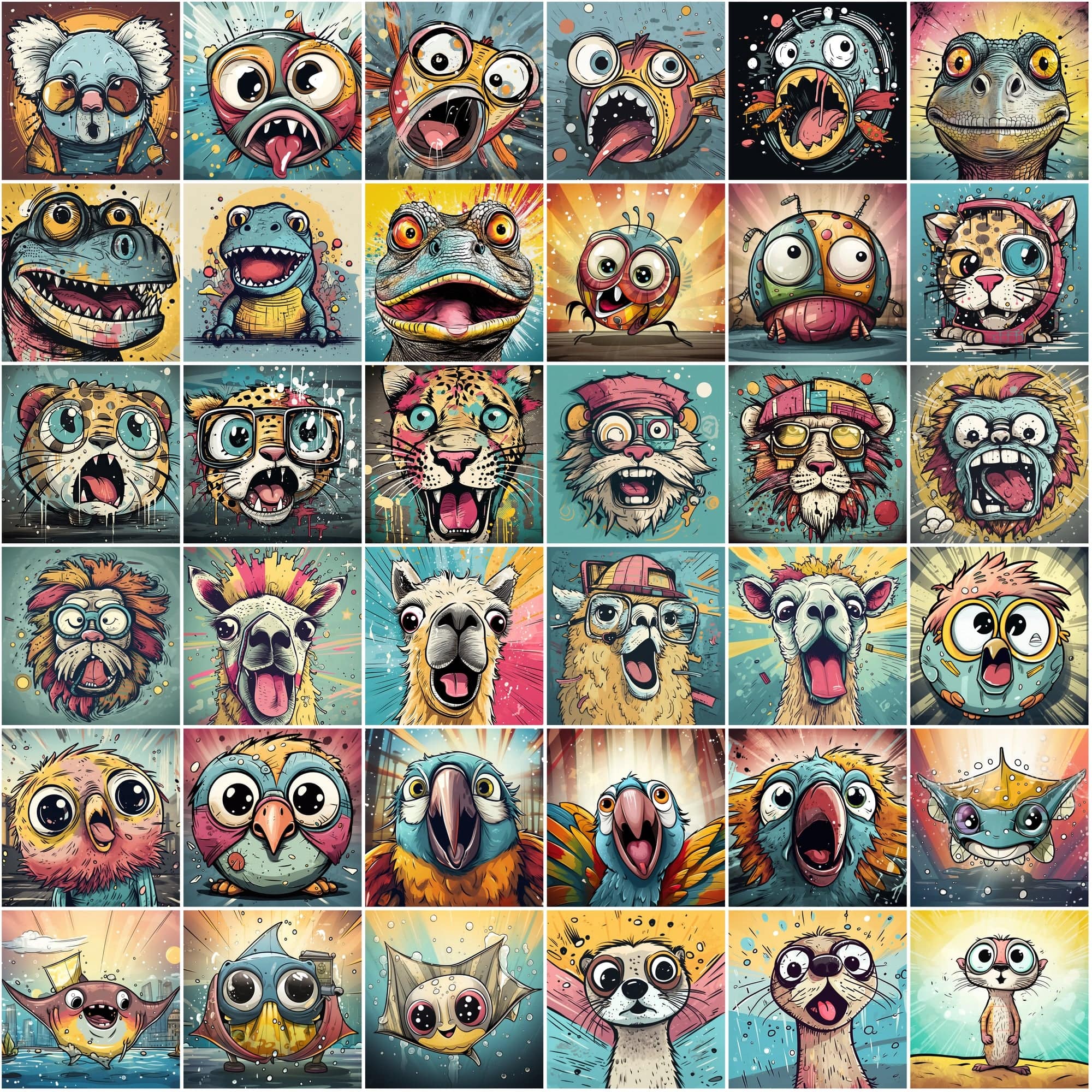 Whimsical Expressions: 490 Vibrant Surprised Cartoon Animal Portraits Digital Download Sumobundle