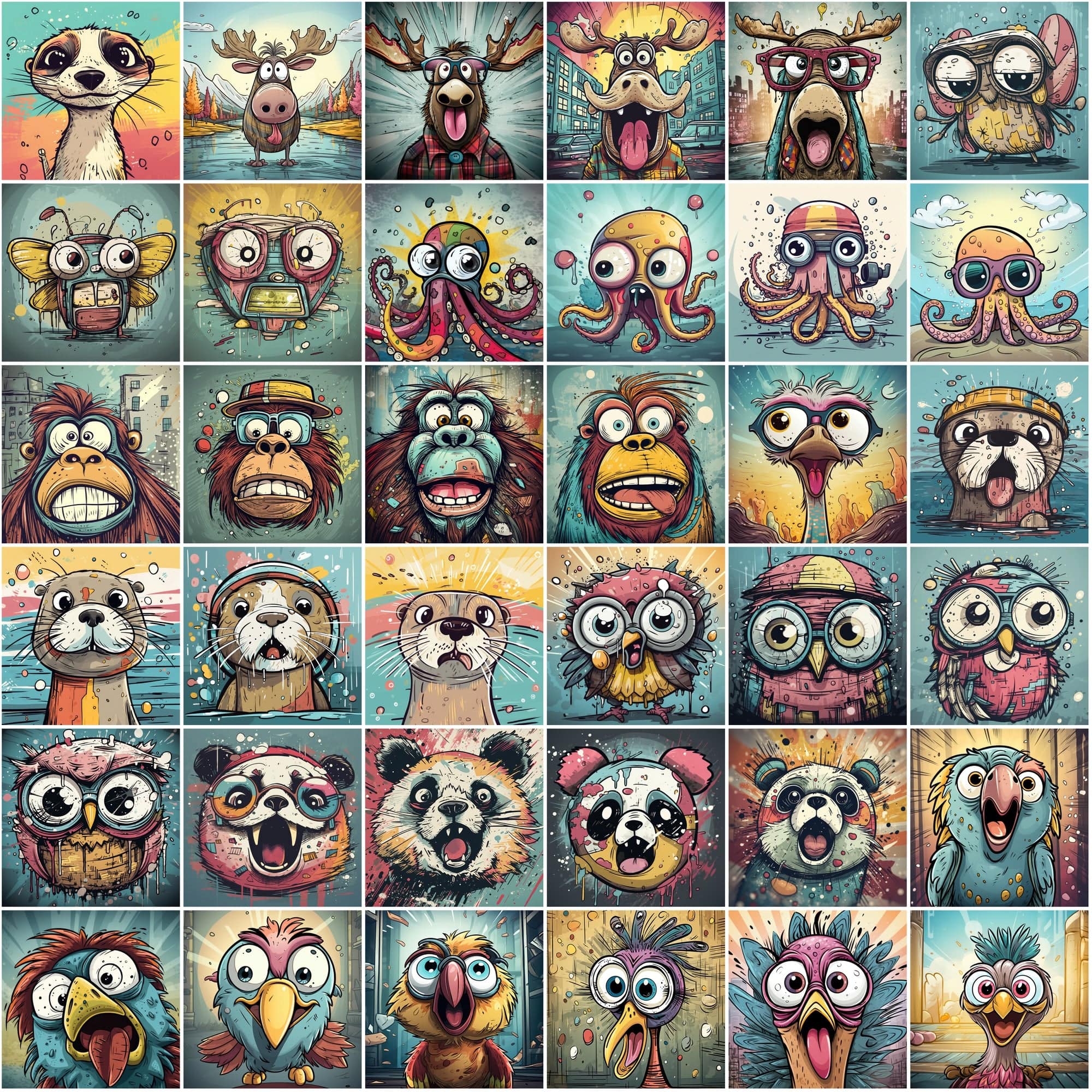 Whimsical Expressions: 490 Vibrant Surprised Cartoon Animal Portraits Digital Download Sumobundle