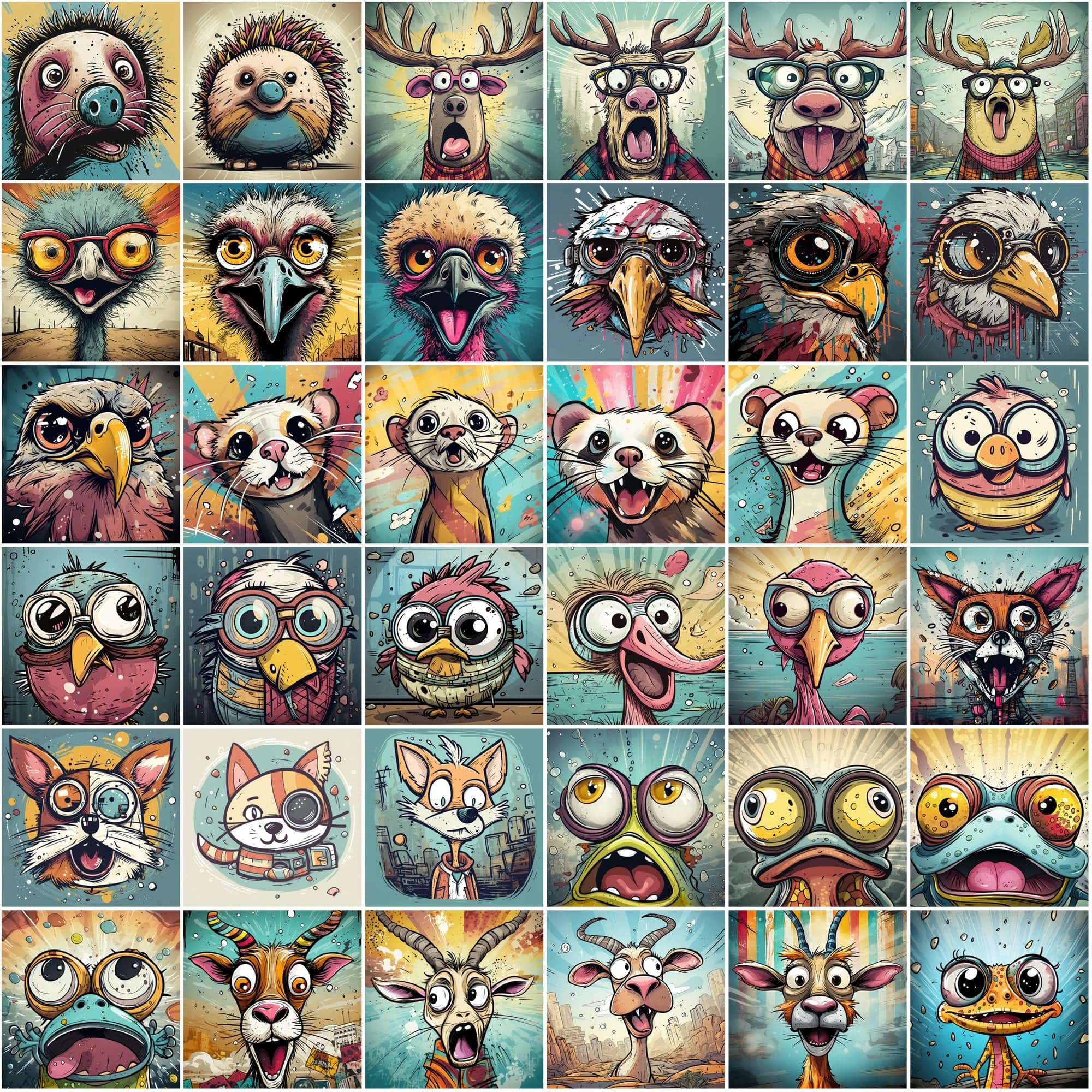 Whimsical Expressions: 490 Vibrant Surprised Cartoon Animal Portraits Digital Download Sumobundle