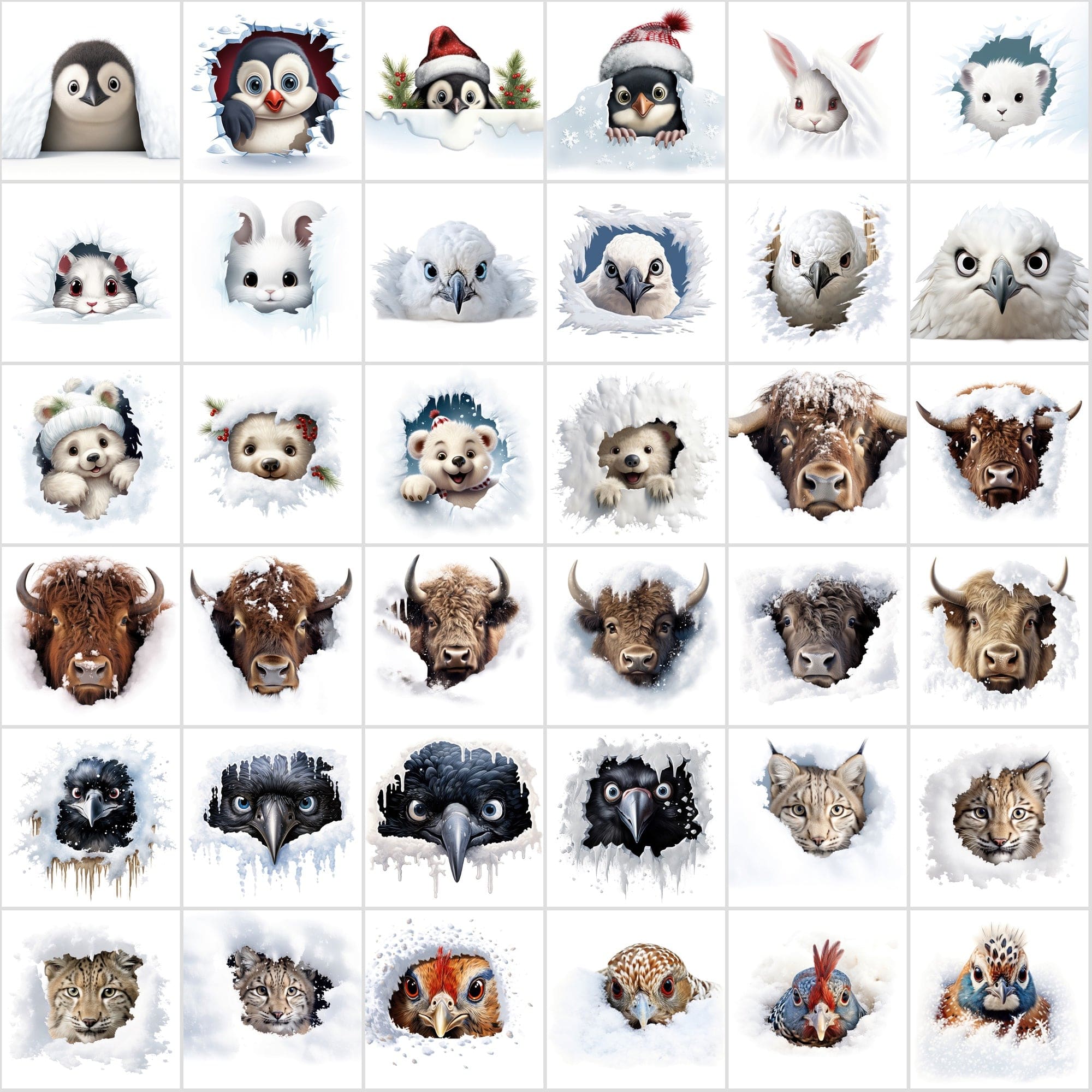 Whimsical Peekaboo Animals in Snow PNG Collection - Vibrant Christmas Themed Digital Images with Commercial Use License Digital Download Sumobundle