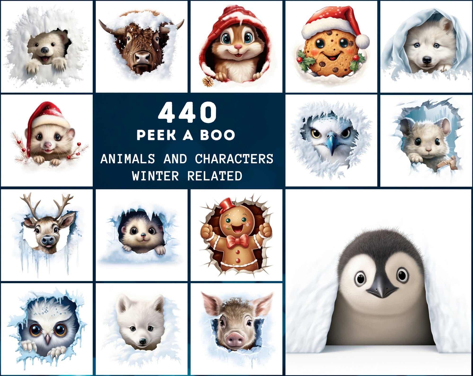 Whimsical Peekaboo Animals in Snow PNG Collection - Vibrant Christmas Themed Digital Images with Commercial Use License Digital Download Sumobundle