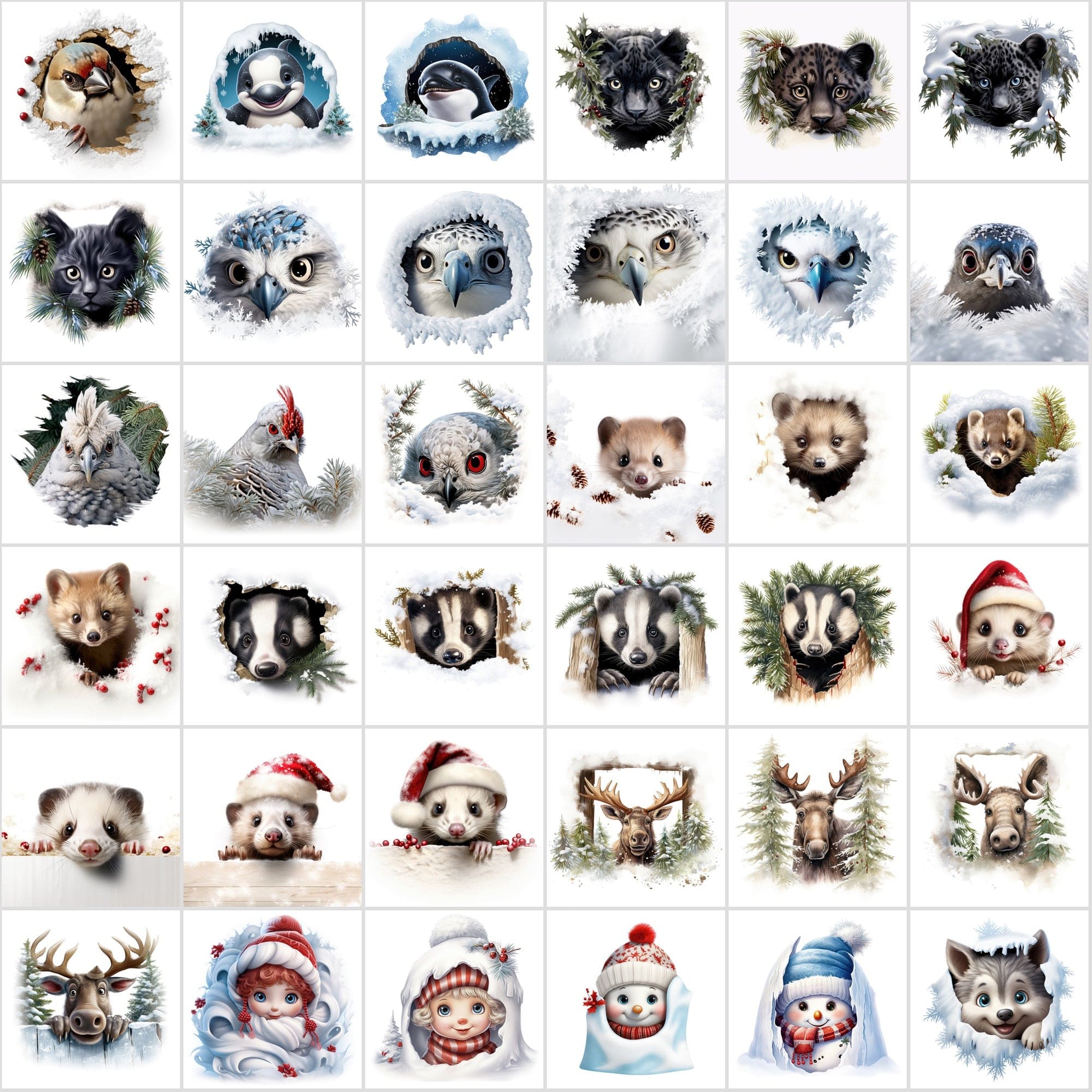 Whimsical Peekaboo Animals in Snow PNG Collection - Vibrant Christmas Themed Digital Images with Commercial Use License Digital Download Sumobundle