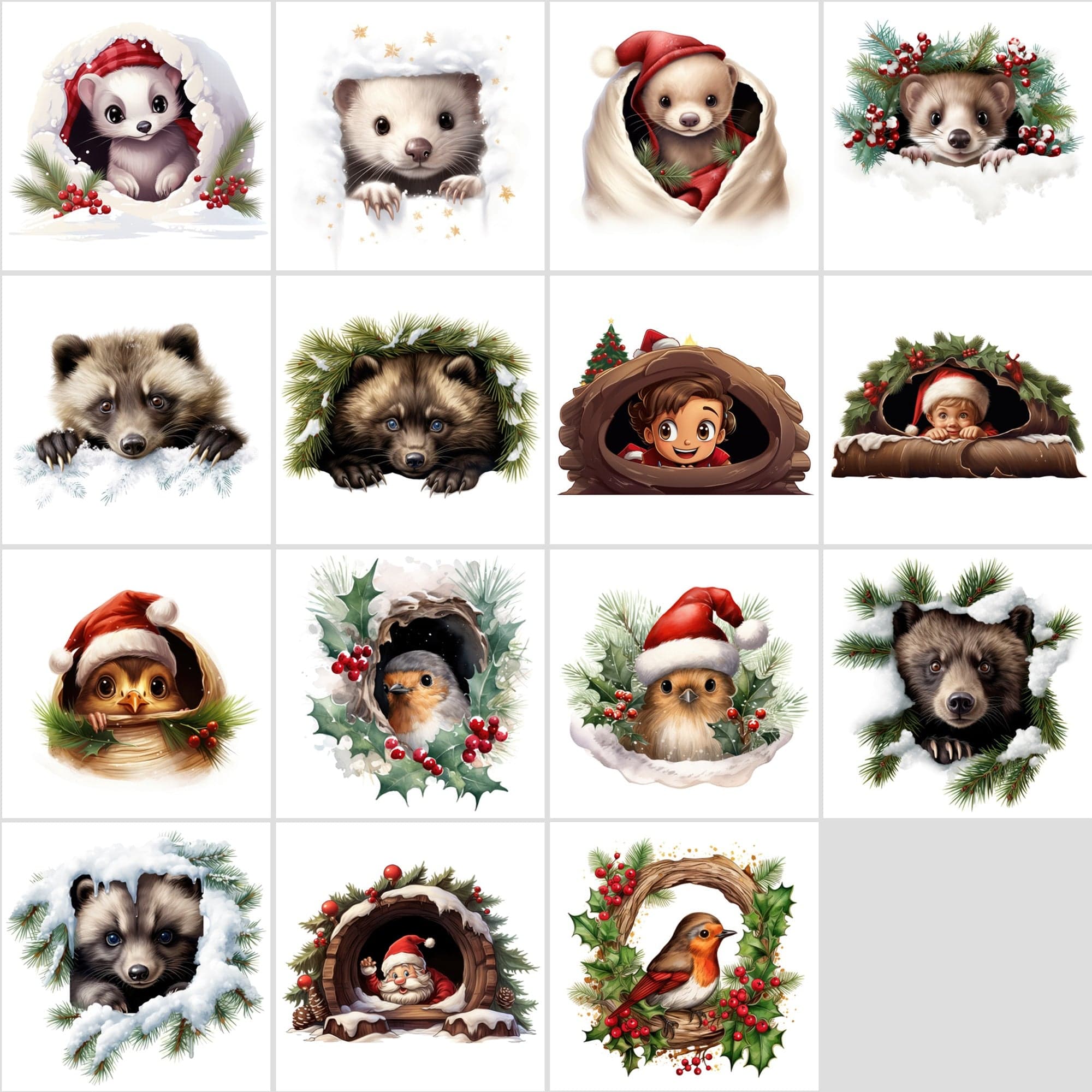 Whimsical Peekaboo Animals in Snow PNG Collection - Vibrant Christmas Themed Digital Images with Commercial Use License Digital Download Sumobundle