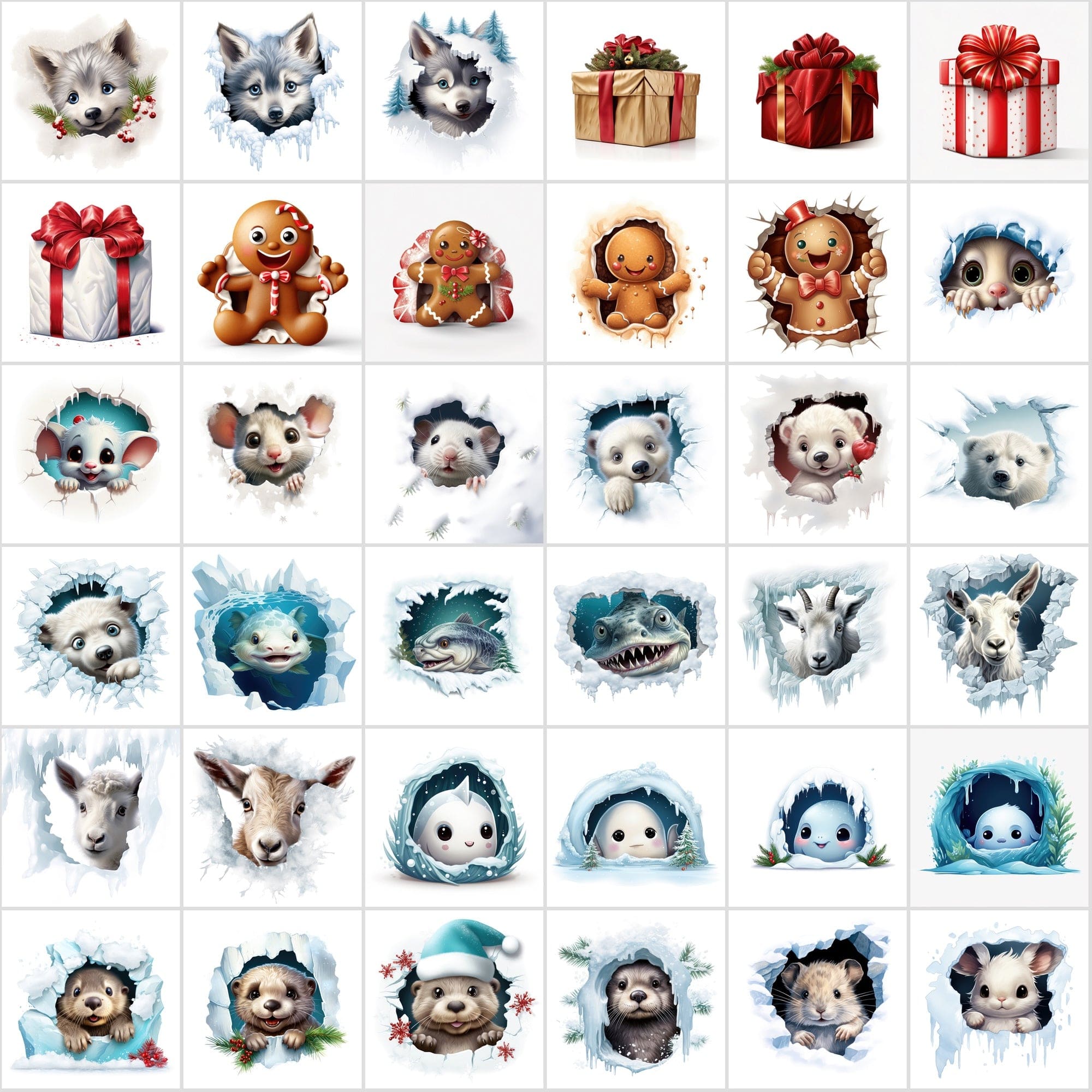 Whimsical Peekaboo Animals in Snow PNG Collection - Vibrant Christmas Themed Digital Images with Commercial Use License Digital Download Sumobundle