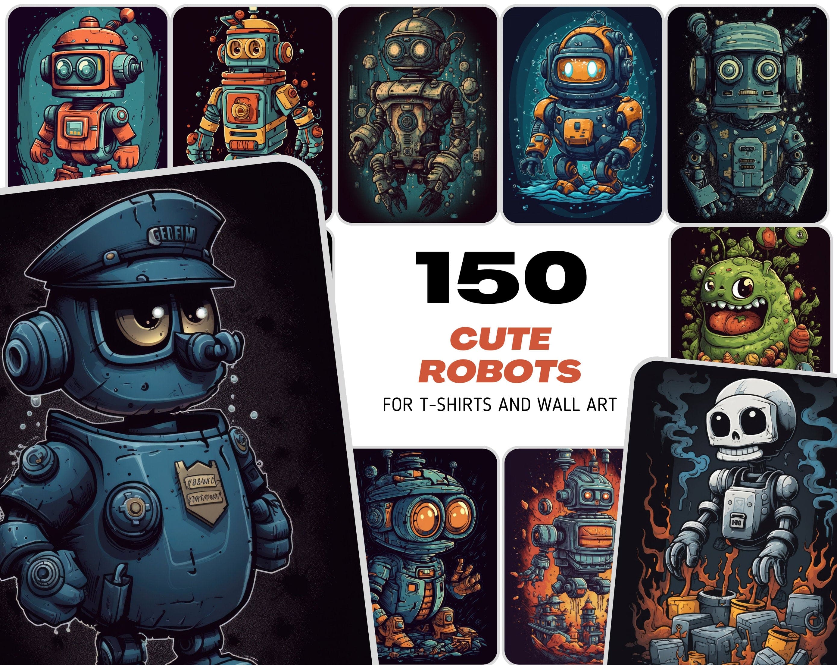 Whimsical Robot Cartoon Bundle - 150 Adorable, Playful Robot Illustrations for Kids and Adults, Digital Clipart Collection Digital Download Sumobundle