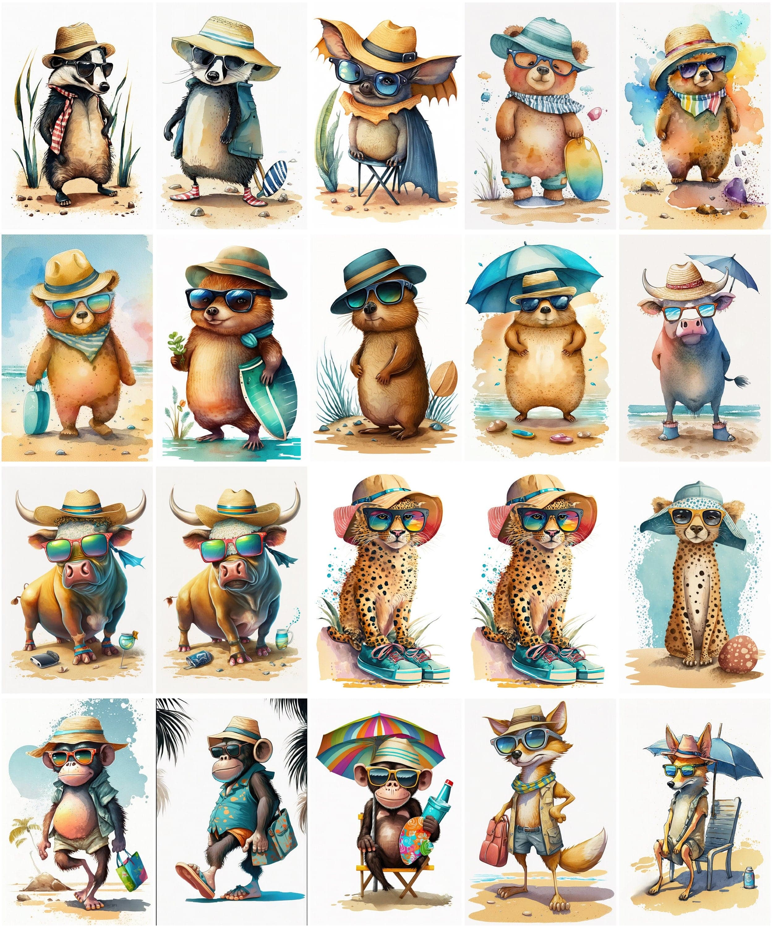 Whimsical Summer Animals Clipart Bundle - 120 Cute Animal Images with Sunglasses & Beach Outfits Digital Download Sumobundle
