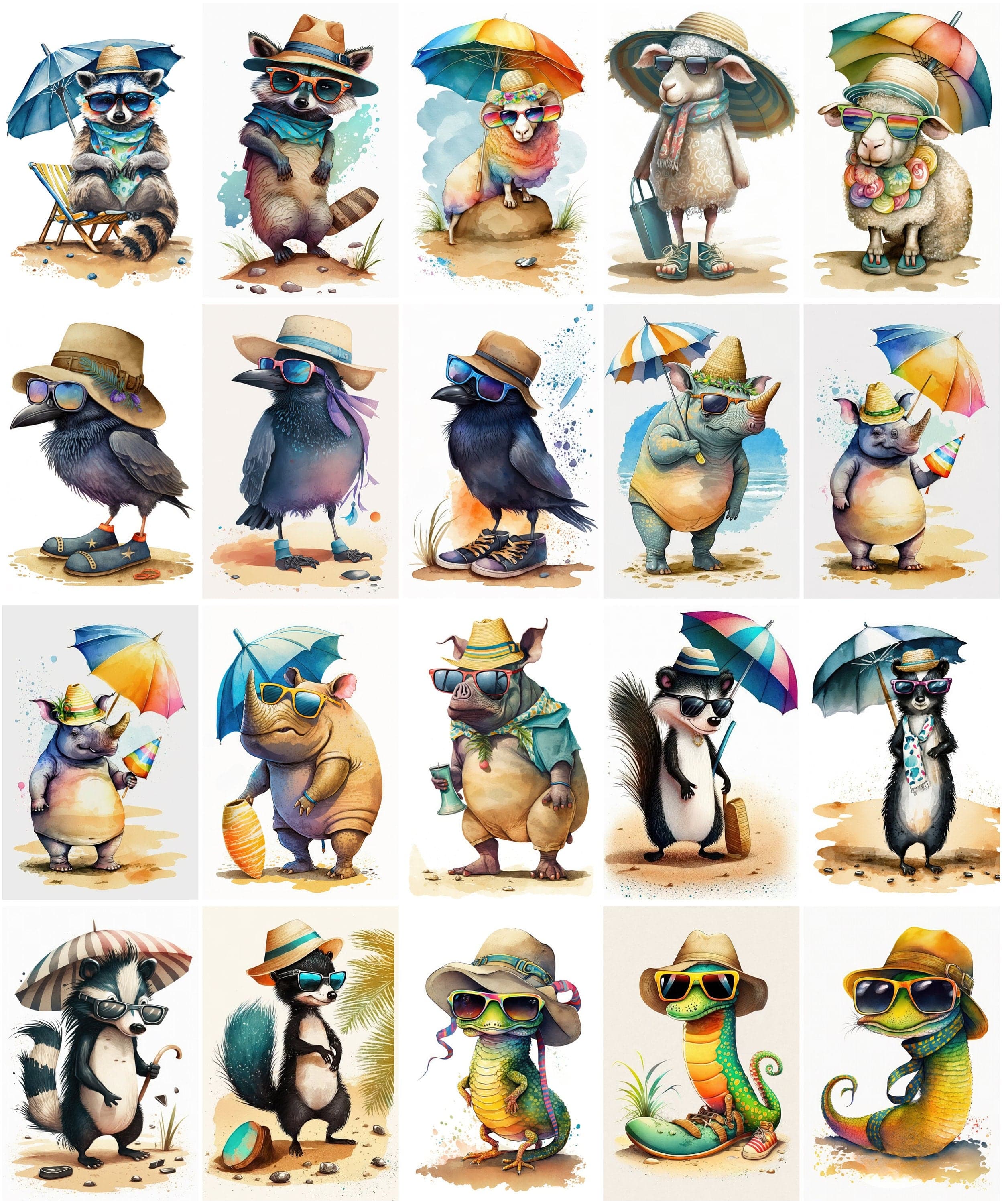 Whimsical Summer Animals Clipart Bundle - 120 Cute Animal Images with Sunglasses & Beach Outfits Digital Download Sumobundle