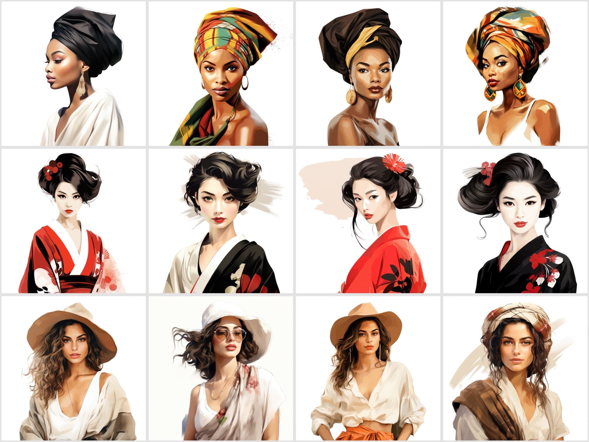 Women of the World: 120 Transparent PNG Images with Portraits Across Cultures Digital Download Sumobundle
